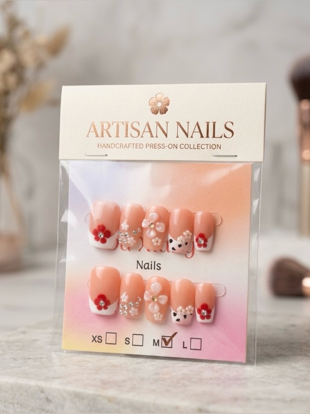 Peach Floral Press-On Nails with Cute Accents